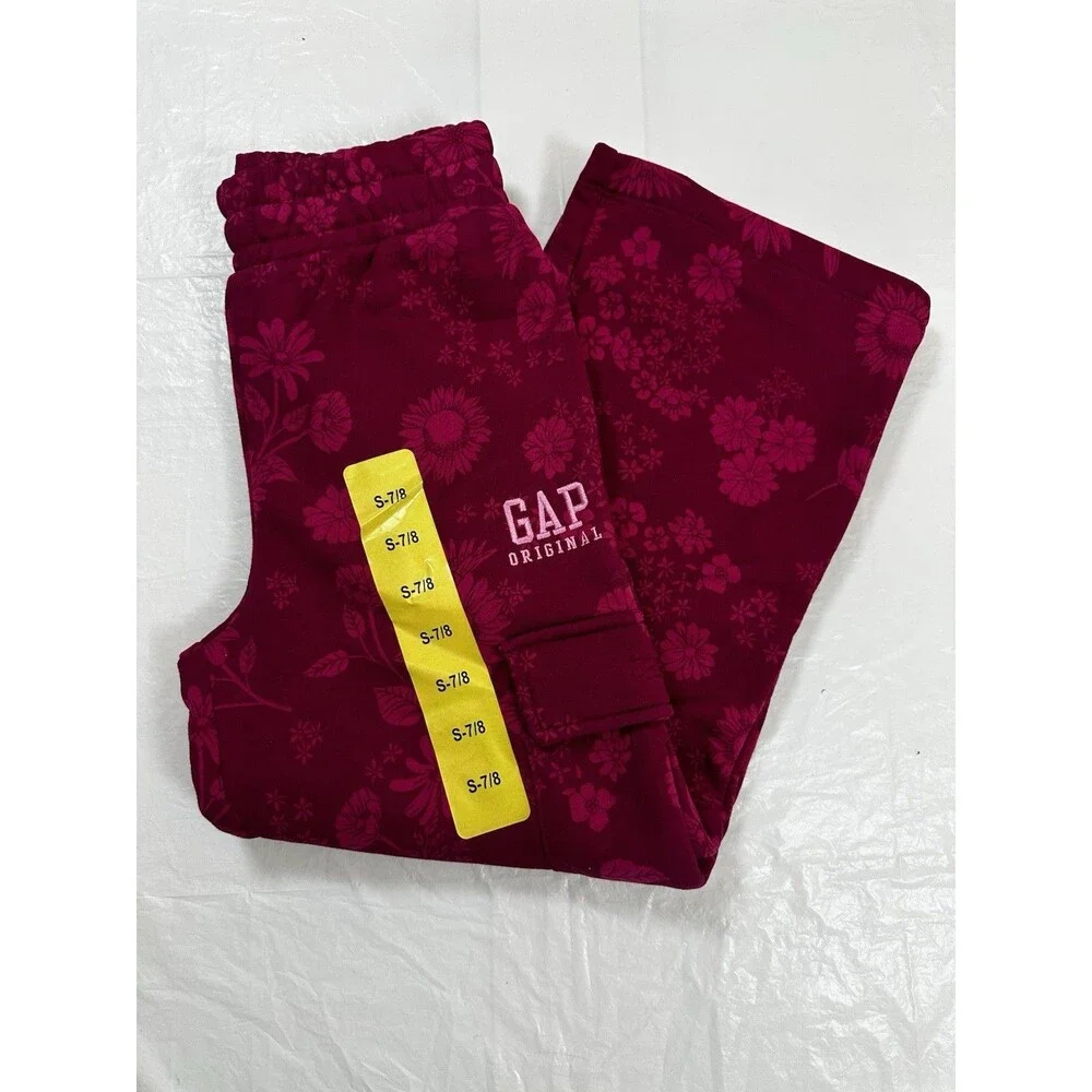 Gap Kids Girls Berry Pink Floral Fleece Cargo Pants Wide Leg Youth Size S 7/8